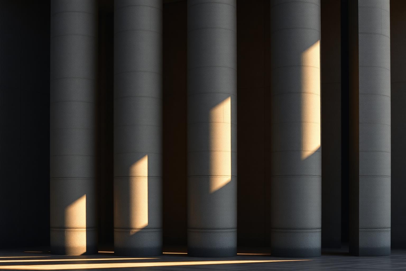 Six concrete columns in raking light