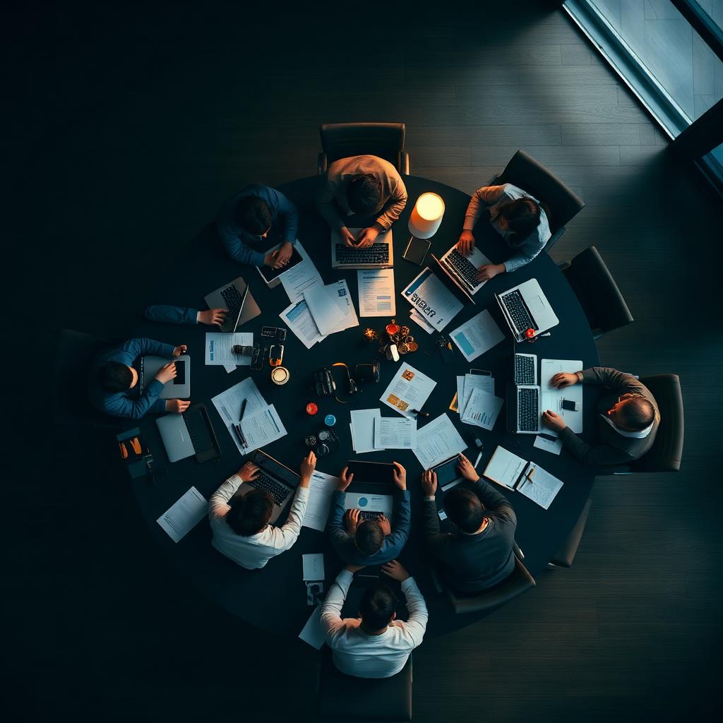 Overhead view of a boardroom in action